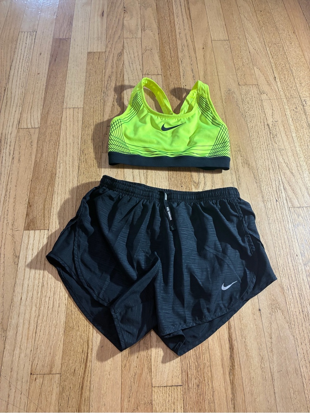 Nike Neon Yellow Racerback Sports Bra with Black Running Shorts